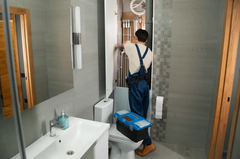 Plumber with a toolbox working on pipes in a modern bathroom