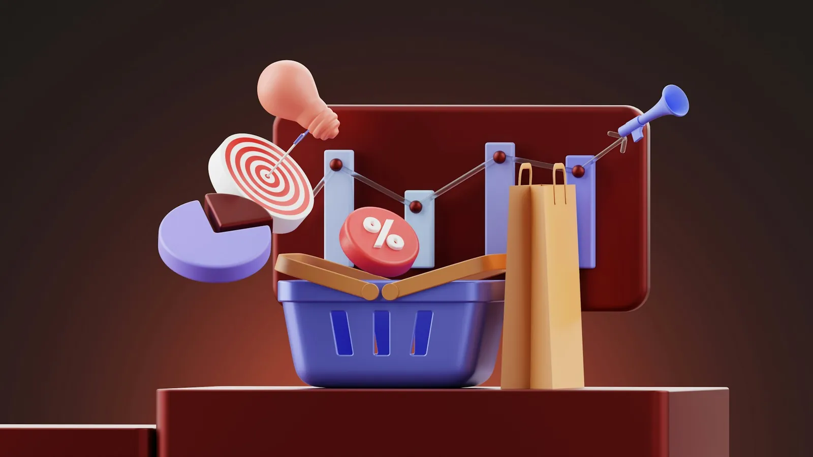 3D illustration of a shopping basket, shopping bag, discount tag and sales chart